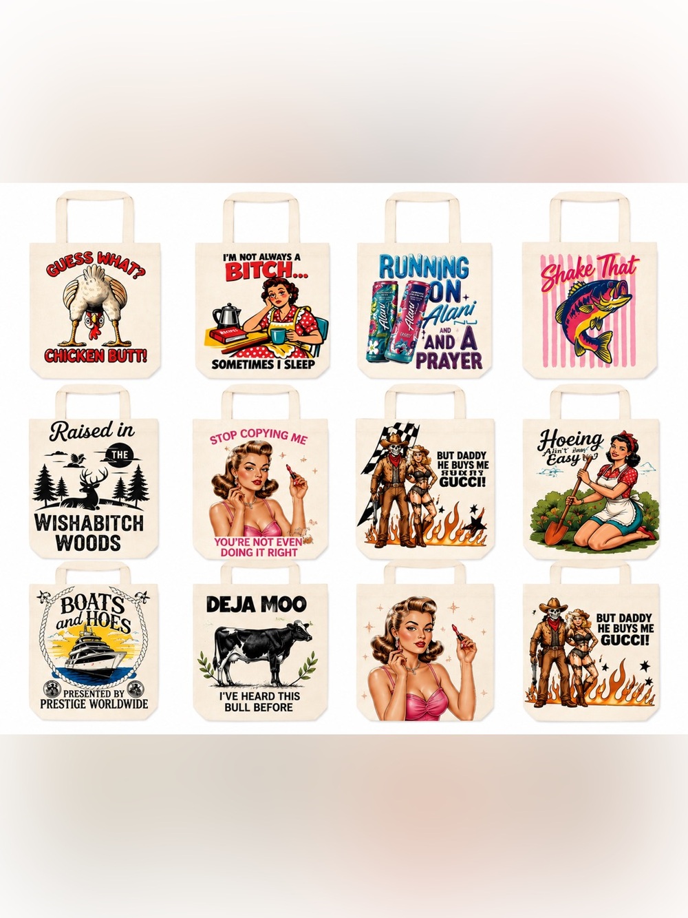 Funny Canvas Tote Bag Pick Your Design Retro Western Farm Sassy Gift Bag